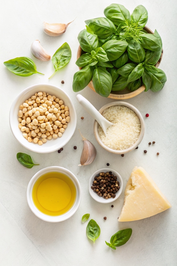 Ingredients for Mediterranean basil pesto