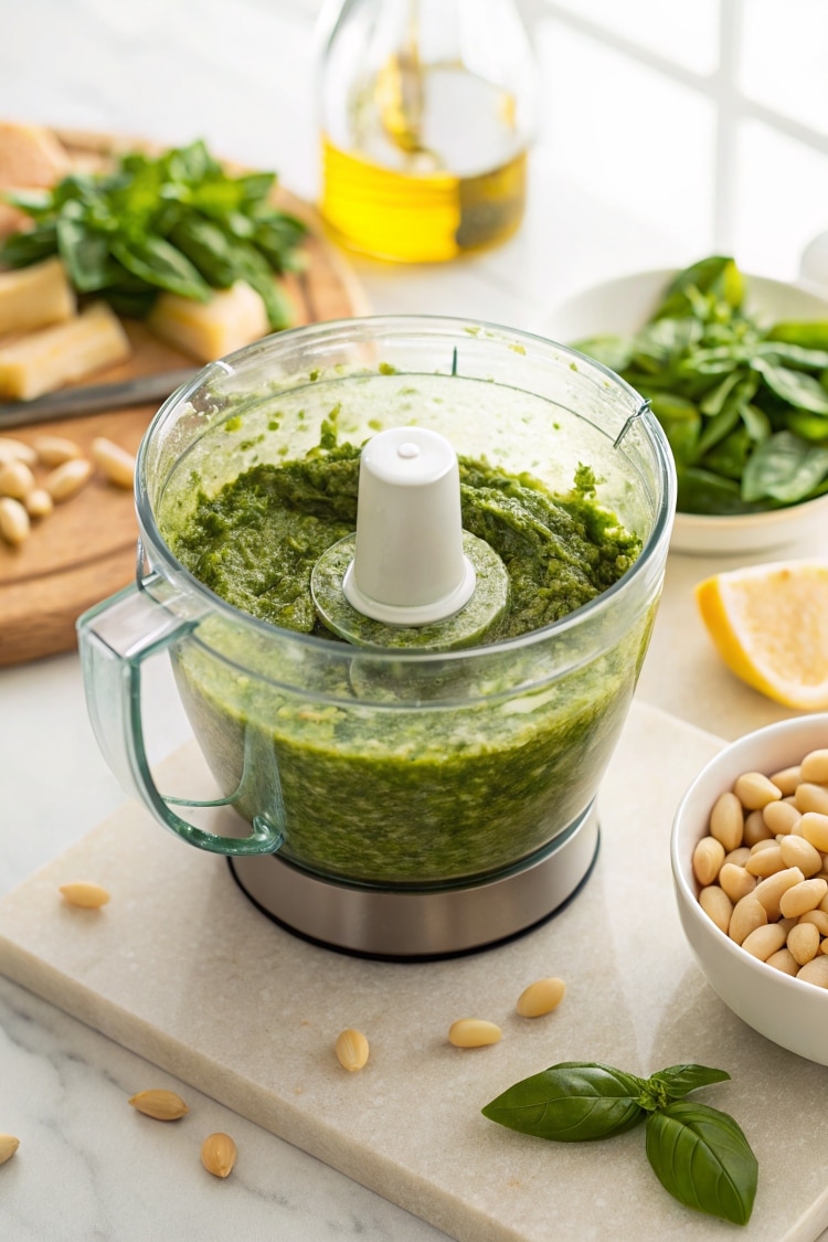 green pesto in a food processor bowl