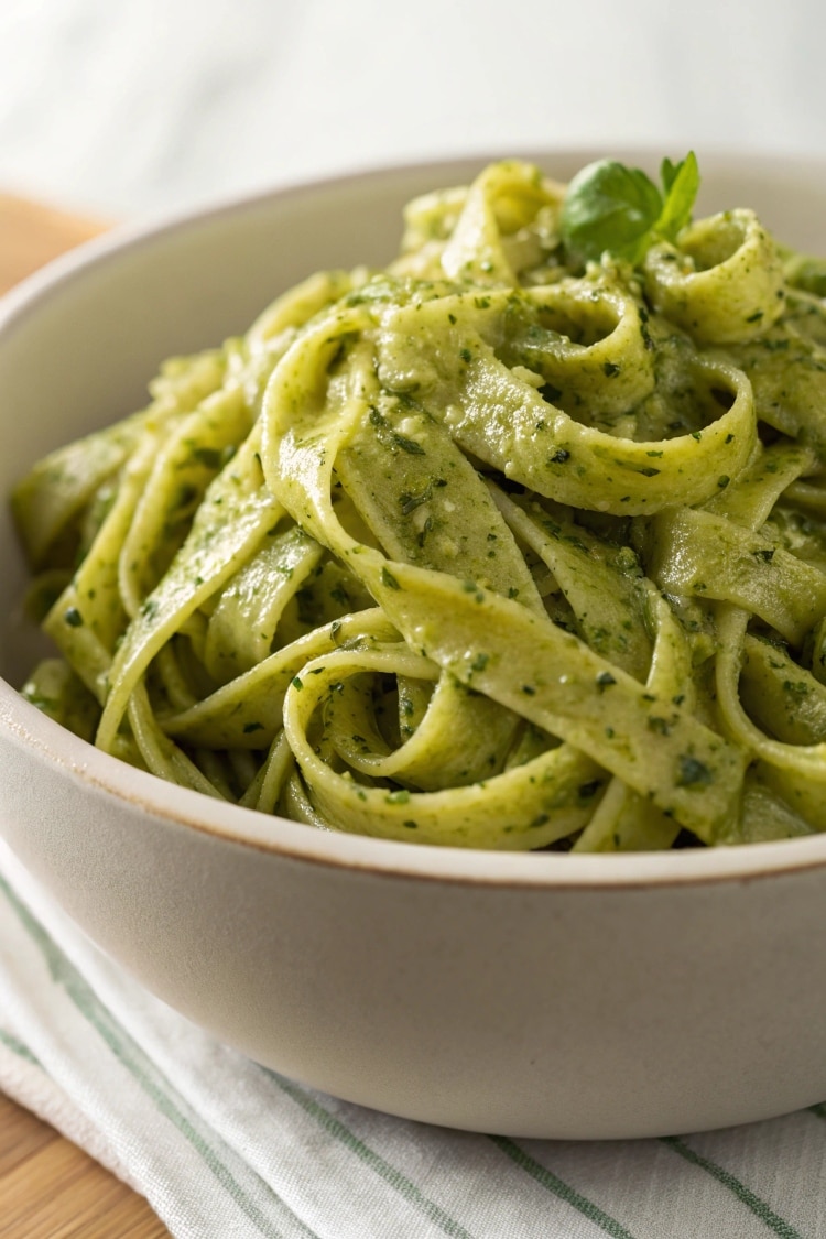 Mediterranean basil pesto on pasta in a bowl
